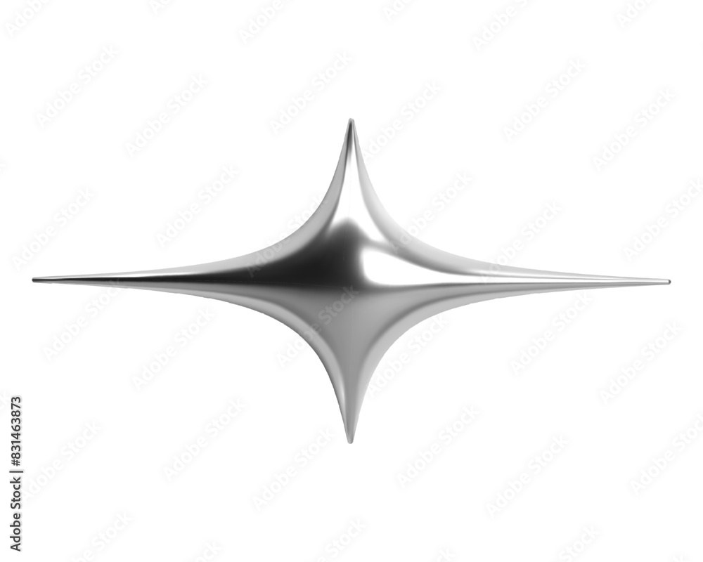 Fototapeta premium Metallic abstract chrome star shape with smooth curves in y2k style. 3D rendering, vector isolated. Glossy shiny surface with a sparkle effect. Retro futuristic design element for posters, banners