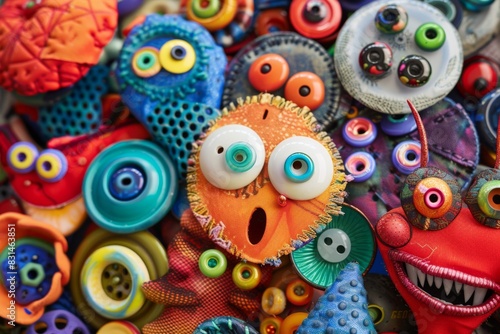 A close-up view of a cluster of quirky, oversized buttons, googly eyes, and fabric patches, perfect for creating imaginative and eccentric costumes for the back-to-school crazy costume contest. © Jennie Pavl