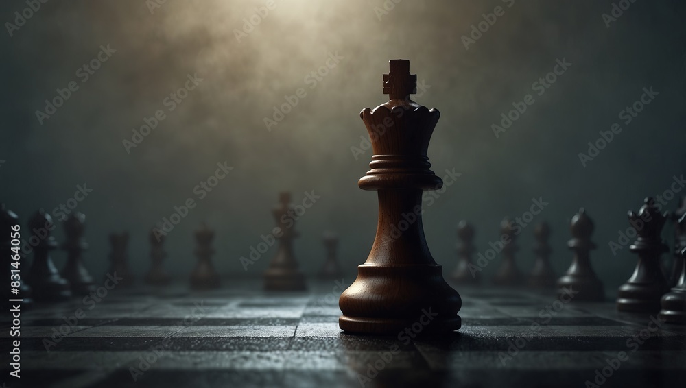 a lonely chess piece on a chessboard in disturbing lighting and fog, concept strategy decision-making leadership. a lonely chess piece on a chessboard in disturbing lighting and fog, concept strategy decision-making leadership.