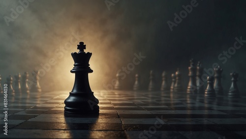 a lonely chess piece on a chessboard in disturbing lighting and fog, concept strategy decision-making leadership.