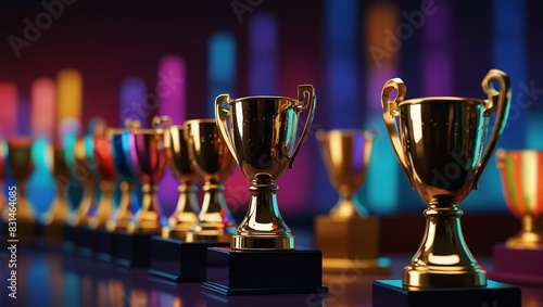 A row of shiny trophies sit on a table. The trophies are illuminated by colorful lights, and the background is out of focus.