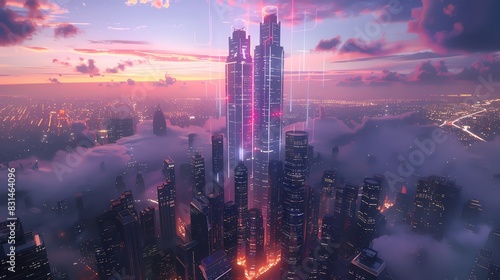 High-angle view of a tech companys futuristic headquarters  3D CG rendering  neon lights outlining the structure  dusk sky with city lights in the background