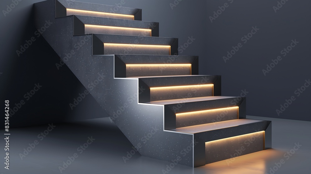 A sleek staircase with ambient lighting within each step for a floating effect A sleek staircase with ambient lighting within each step for a floating effect