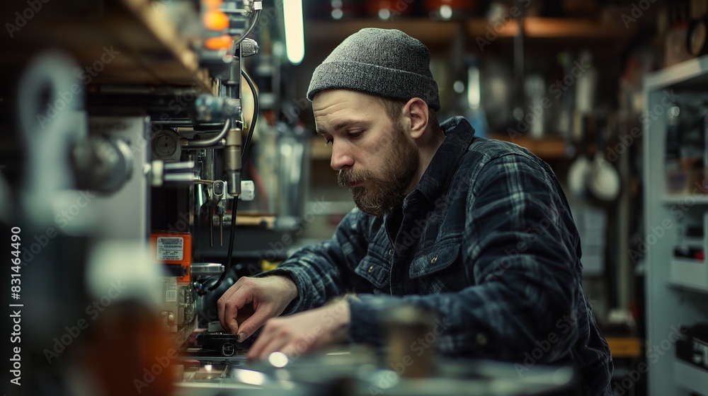 Skilled craftsman in an orange jacket and beanie, concentrating on precision machinery work in a workshop, showcasing expertise and attention to detail in engineering and fabrication