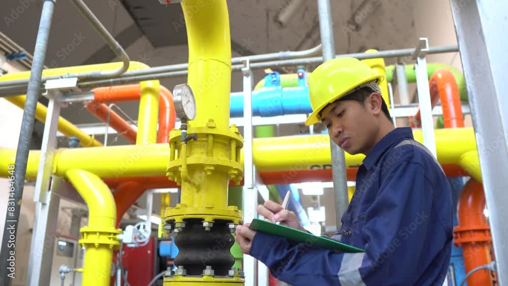 Engineer or technician working in cooling system room,monitoring pipes,motors,electrical circuits,industrial maintenance,ensuring operational efficiency Engineer or technician working in cooling system room,monitoring pipes,motors,electrical circuits,industrial maintenance,ensuring operational efficiency