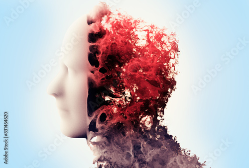 Face seen from the side. Degenerative disease. Brain degenerative diseases, Parkinson, synapses, neurons, Alzheimer's, illness, concept. 3d rendering
 photo