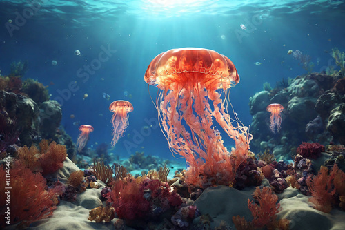 Jellyfish on coral reef. Underwater world. 3d render