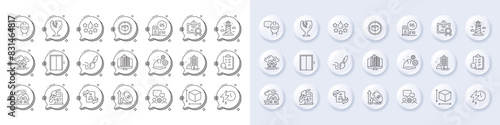Inspect, Excise duty and Realtor line icons. White pin 3d buttons, chat bubbles icons. Pack of Lift, Charging time, Box size icon. Working process, Building, Certificate pictogram. Vector
