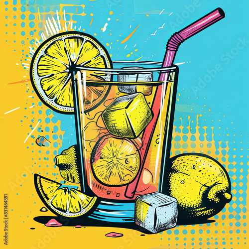 Pop art style illustration of a lemonade with ice cubes, lemon slices, and a straw against a vibrant blue and yellow background.