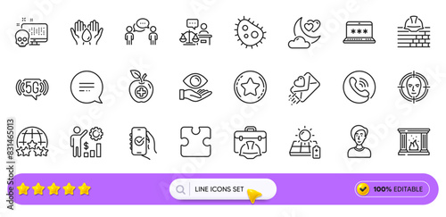 Health eye, 5g wifi and Construction toolbox line icons for web app. Pack of Laptop password, Loyalty star, Puzzle pictogram icons. Cyber attack, Face detect, Approved app signs. Search bar. Vector
