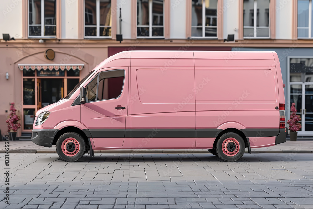 Pink van mockup with empty space on city street, delivery advertisement