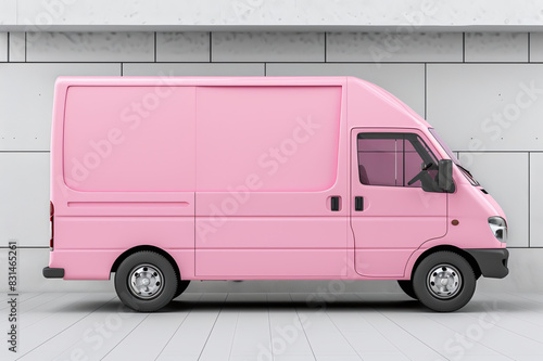 Pink van mockup with empty space on white wall background, advertising for delivery