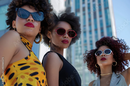 Three glamorous models in sunglasses against the background of office buildings