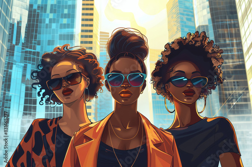 Illustration of three glamor models in sunglasses against the background of skyscrapers