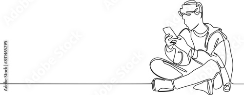 continuous single line drawing of young man sitting on floor using smartphone, line art vector illustration