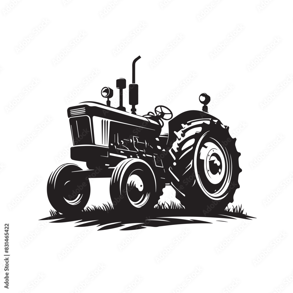 Vintage Tractor: Detailed Black and White Illustration of Classic Farm ...