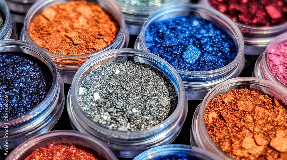 A collection of makeup products, including eyeshadow, are displayed on a table.