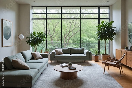 living room with a large window. It features a couch  coffee table  pillows  houseplants  and other furniture items typical of a cozy indoor setting.