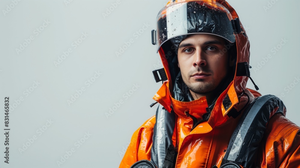 A man in a bright orange jacket and helmet, likely a Coast Guard officer, is shown in a search and rescue scenario A man in a bright orange jacket and helmet, likely a Coast Guard officer, is shown in a search and rescue scenario