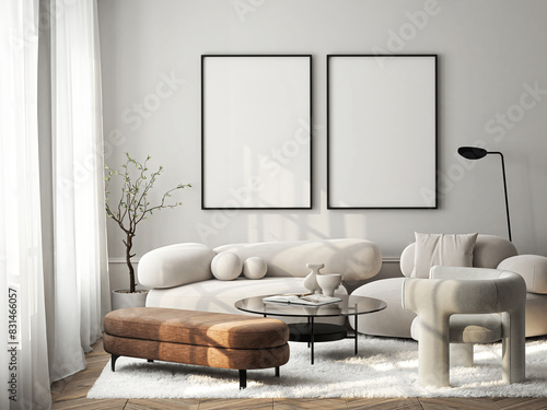Frame mockup, ISO A paper size. Living room wall poster mockup. Interior mockup with house background. Modern interior design. 3D render
 photo