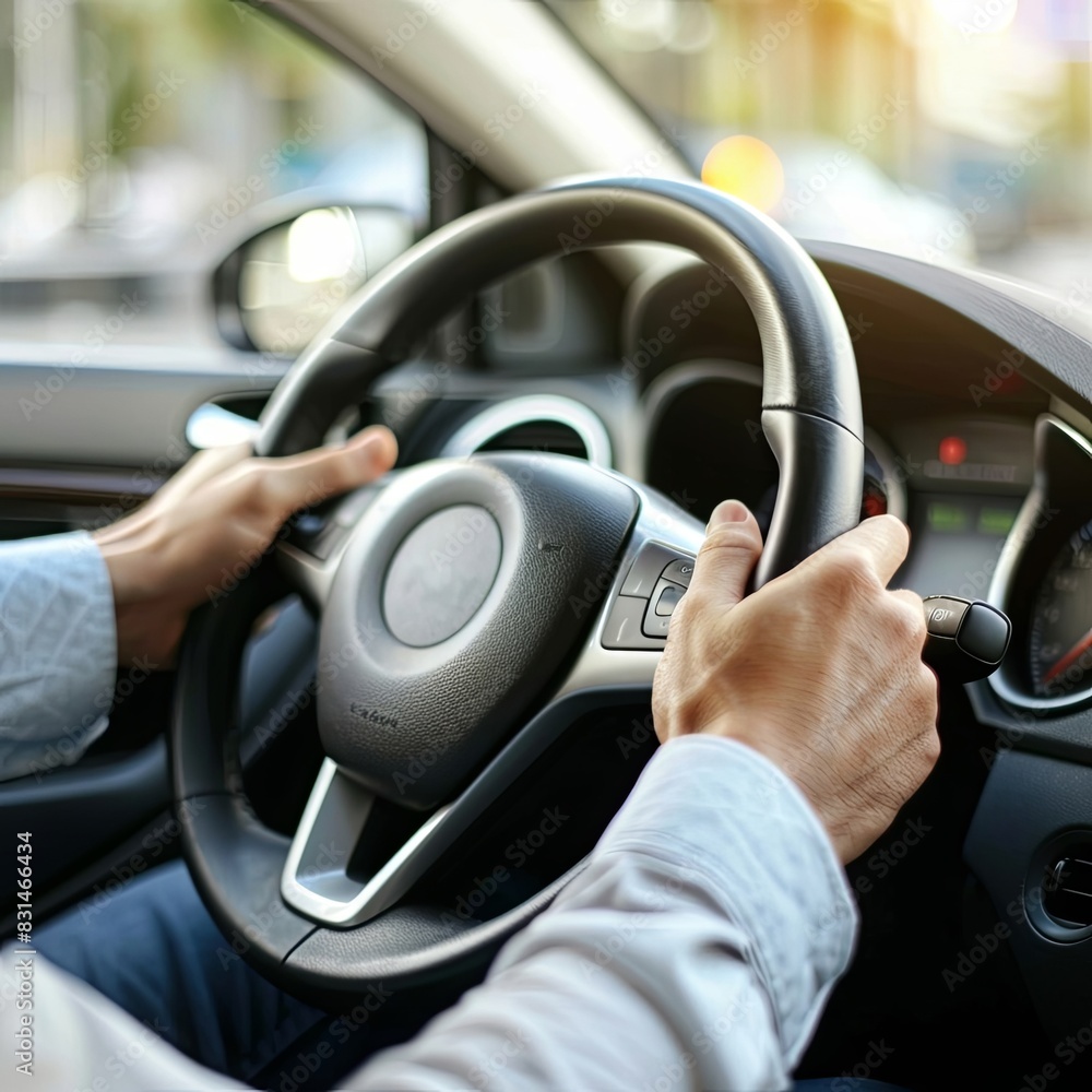 A man is driving a car, holding the steering wheel, focused on the road A man is driving a car, holding the steering wheel, focused on the road