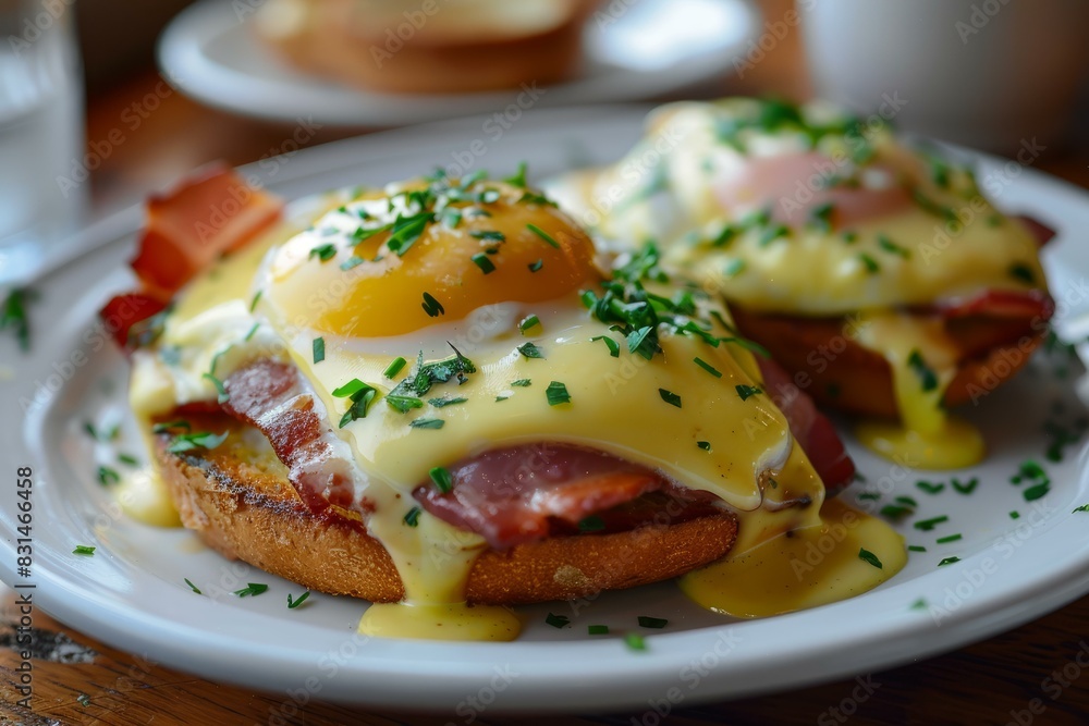 Closeup of a delicious eggs benedict with ham and hollandaise sauce, garnished with chives Closeup of a delicious eggs benedict with ham and hollandaise sauce, garnished with chives