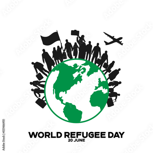 World Refugee Day. 20 June world refugee day social media post and gift card design. Editable EPS file with earth, people and plane silhouettes concept.
