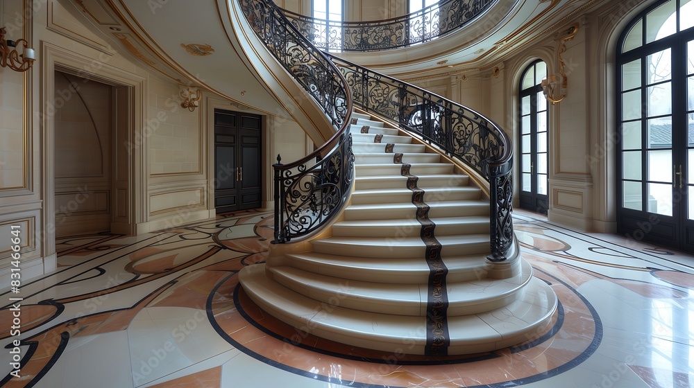 An elegant spiral staircase with intricate ironwork in a grand foyer An elegant spiral staircase with intricate ironwork in a grand foyer