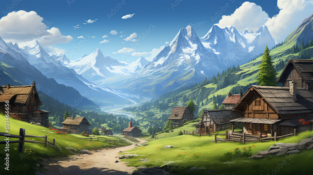 A mountain valley with a village of wooden houses with brown rooftops.