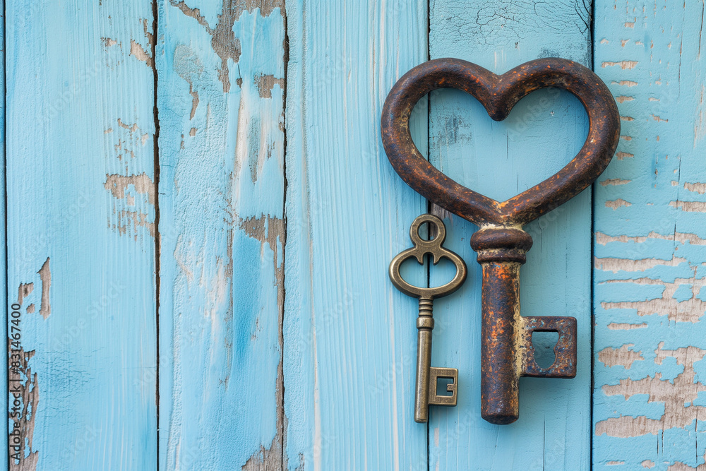 Heart and key on white wooden background Heart and key on white wooden background