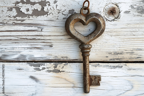 Heart and key on white wooden background	