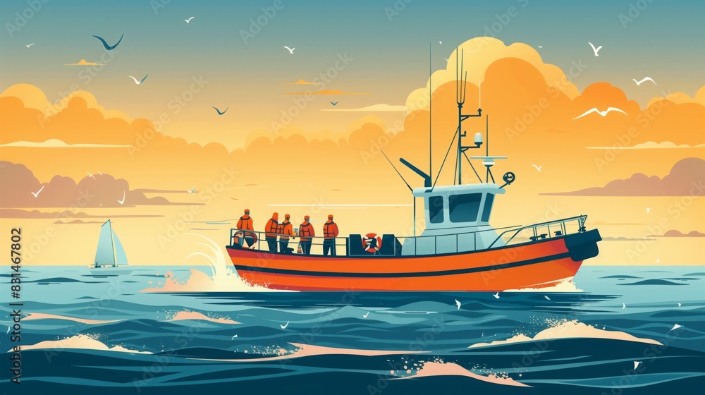 Obraz premium Painting of a boat sailing in the ocean with the Coast Guard in the background