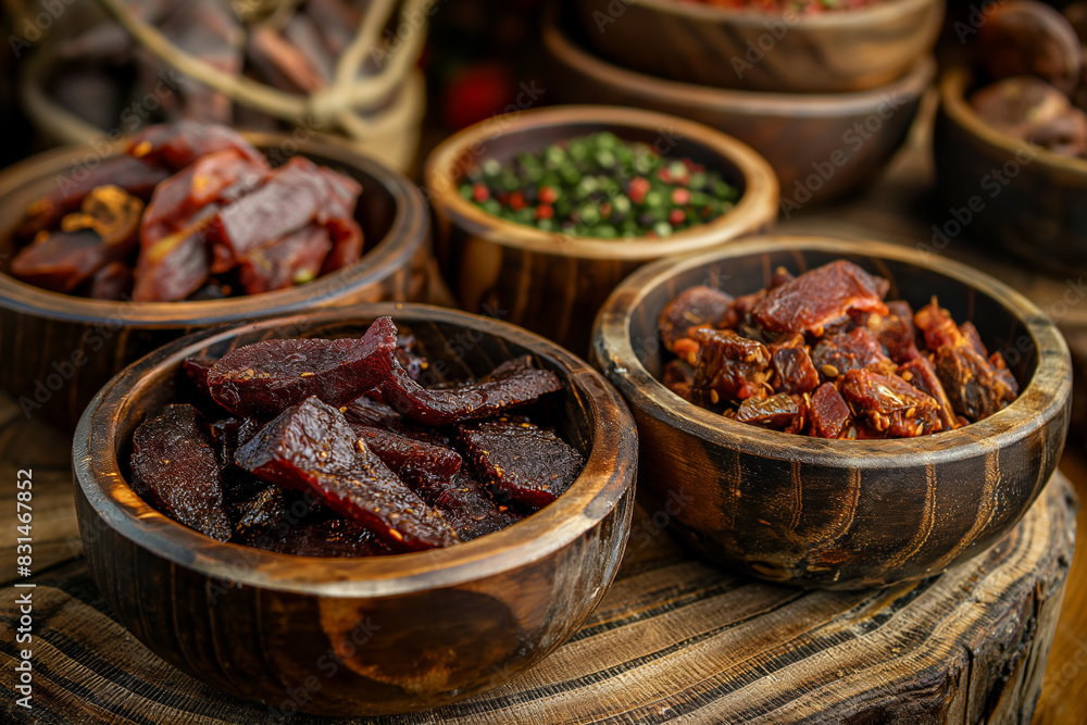 jerked meat, cow, deer, wild beast or biltong in wooden bowls on a rustic table jerked meat, cow, deer, wild beast or biltong in wooden bowls on a rustic table