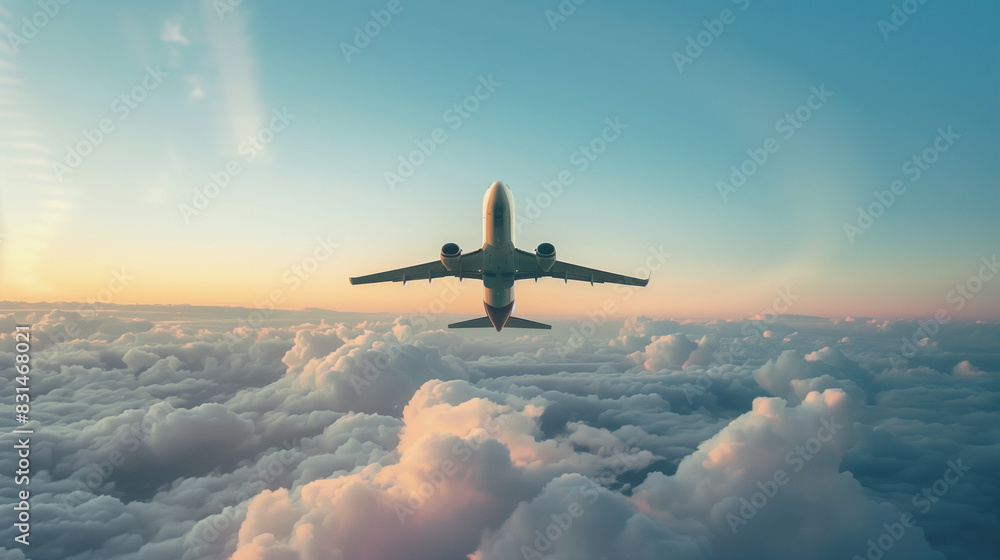 A plane is flying through the sky with clouds in the background A plane is flying through the sky with clouds in the background