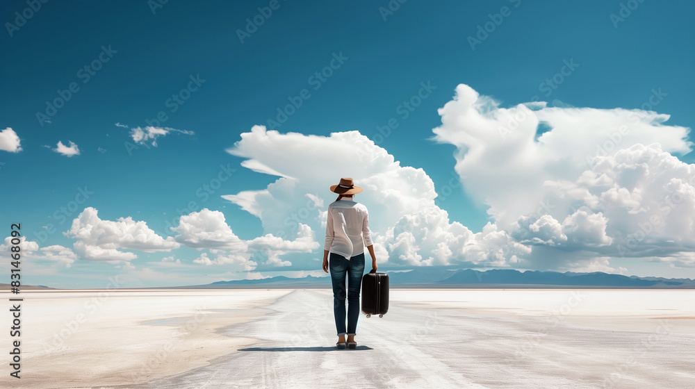 A woman is walking on a road with a suitcase in her hand A woman is walking on a road with a suitcase in her hand