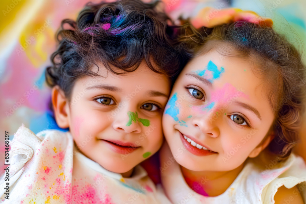 Two young children with their faces painted in bright colors and smiling at the camera. Two young children with their faces painted in bright colors and smiling at the camera.