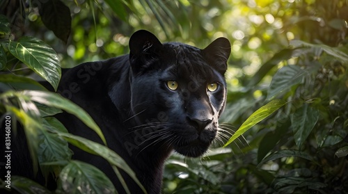 black panther and dense jungle and dappled sunlight