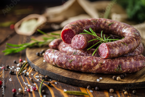 raw beef sausage in a frying pan with garlic	 photo