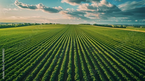 Rows of crops stretch into the distance under a partly cloudy sky with the sun setting on the horizon  casting a warm glow.