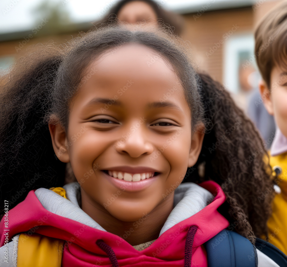 Close up of young girl smiling at the camera with other children in the background. Close up of young girl smiling at the camera with other children in the background.