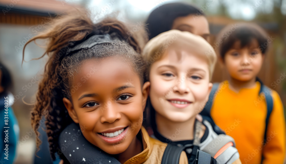 Group of young children standing next to each other with backpacks on. Group of young children standing next to each other with backpacks on.