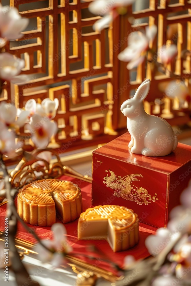 red background. Mooncake. Beautiful rich packaging. Chinese gift. Mid-Autumn Full Moon Festival. rabbit, hare, full moon,