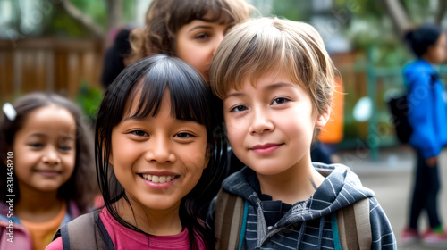 Group of young children standing next to each other smiling at the camera.