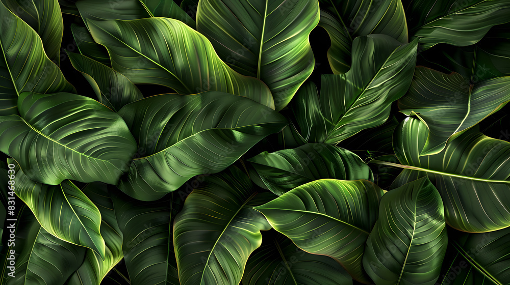 Fototapeta premium Tropical leaves texture, abstract nature background concept with large green leaf for banner design. Generated AI 