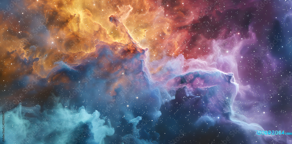 Obraz premium Colorful nebula and space clouds in the universe, fantasy illustration, space background with stars, galaxy and colorful nebulars. High detailed vector art, high resolution. Generated AI.
