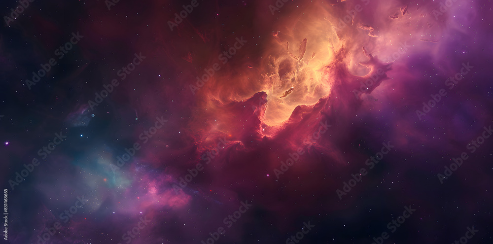 Naklejka premium Colorful nebula and space clouds in the universe, fantasy illustration, space background with stars, galaxy and colorful nebulars. High detailed vector art, high resolution. Generated AI.