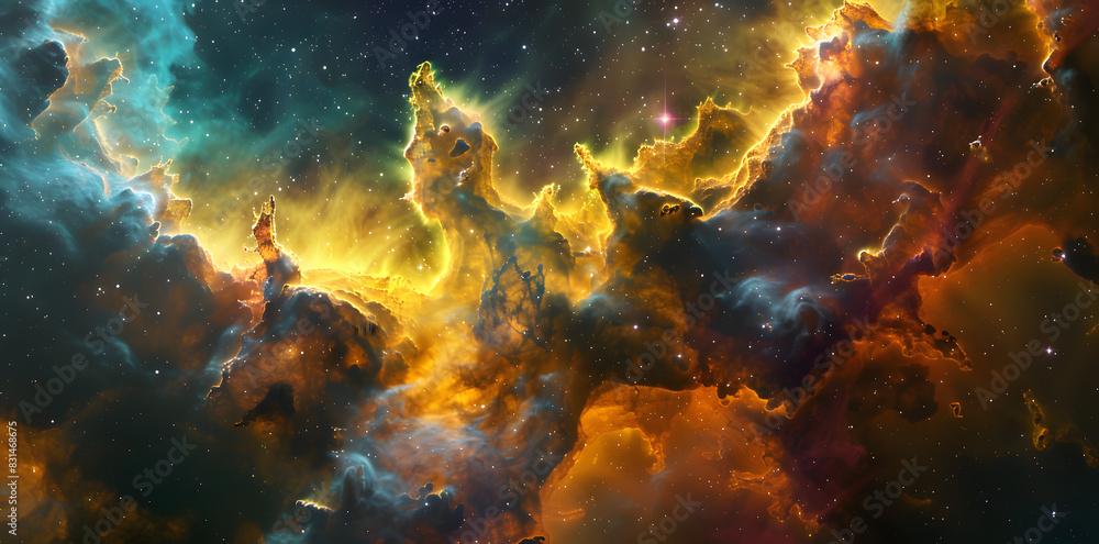 Colorful nebula and space clouds in the universe, fantasy illustration, space background with stars, galaxy and colorful nebulars. High detailed vector art, high resolution. Generated AI. Colorful nebula and space clouds in the universe, fantasy illustration, space background with stars, galaxy and colorful nebulars. High detailed vector art, high resolution. Generated AI.