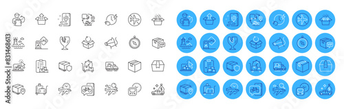 Luggage trolley, Online storage and Place line icons pack. Parcel, Flight mode, Lighthouse web icon. Truck transport, Search flight, Dog leash pictogram. Fragile package. Color icon buttons. Vector