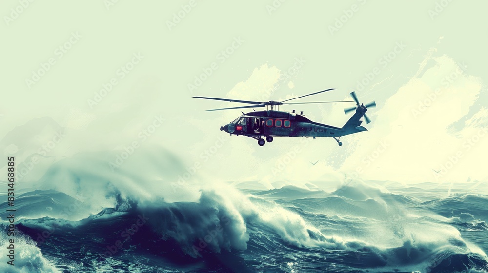 A helicopter soaring above a large body of water A helicopter soaring above a large body of water