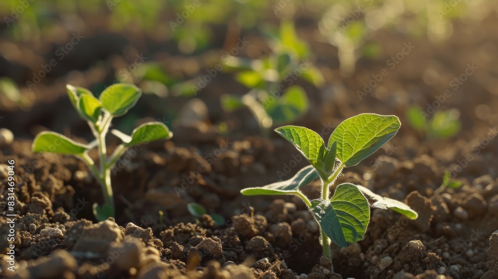 Small green plants sprout from the soil in a sunlit field, with morning sunlight illuminating the scene, indicating early stages of growth. Small green plants sprout from the soil in a sunlit field, with morning sunlight illuminating the scene, indicating early stages of growth.